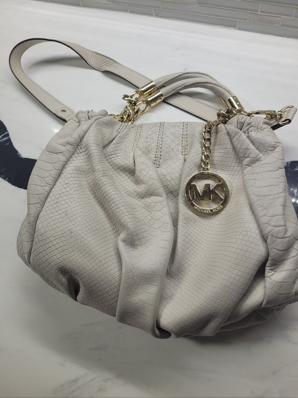 Michael Kors Light Cream Textured Leather Shoulder Bag with Gold Hardware